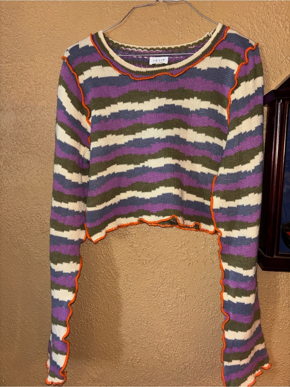 Le Lis Olive, Purple & Cream Striped Cropped Knit Top with Orange Trim